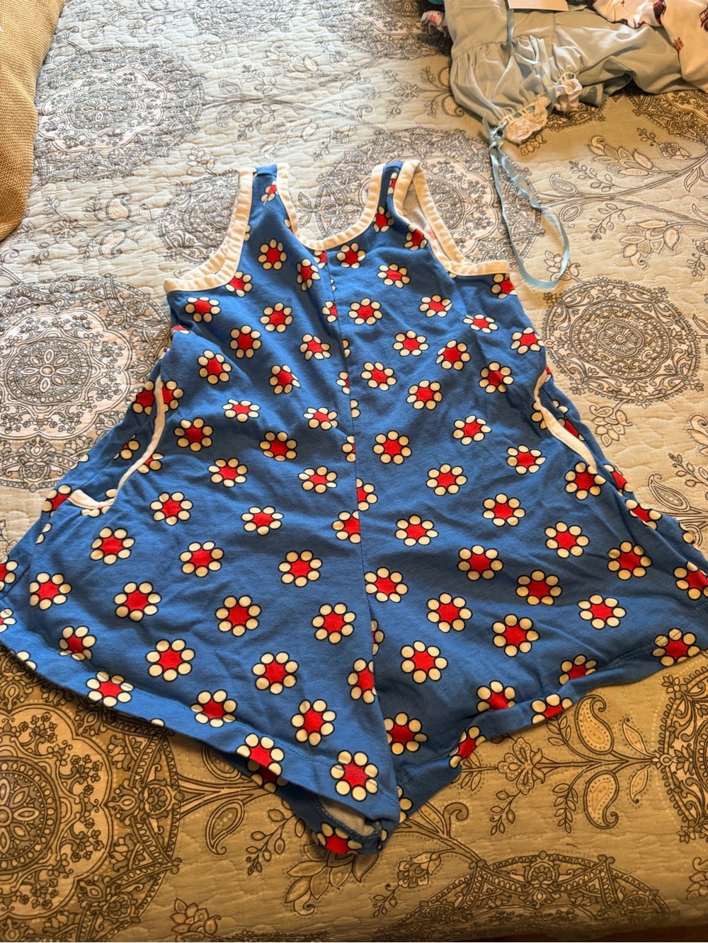 Hanna Andersson Blue Floral Dot Romper with Cream Trim
